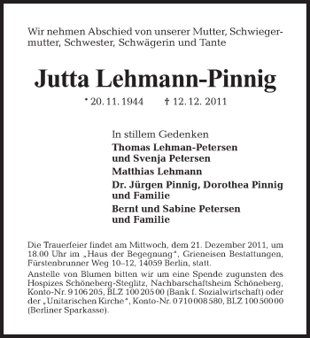 Traueranzeige von Jutta Lehmann-Pinnig von Tagesspiegel