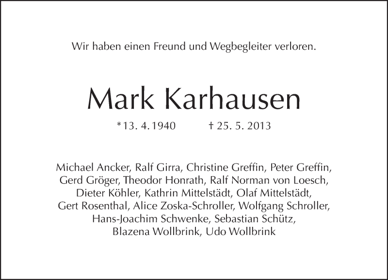  Traueranzeige für Mark Karhausen vom 02.06.2013 aus Tagesspiegel