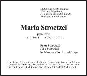 Traueranzeige von Maria Stroetzel von Tagesspiegel