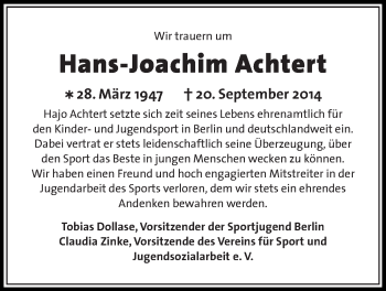 Traueranzeige von Hans-Joachim Achtert von Tagesspiegel