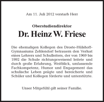 Traueranzeige von Heinz W. Friese von Tagesspiegel