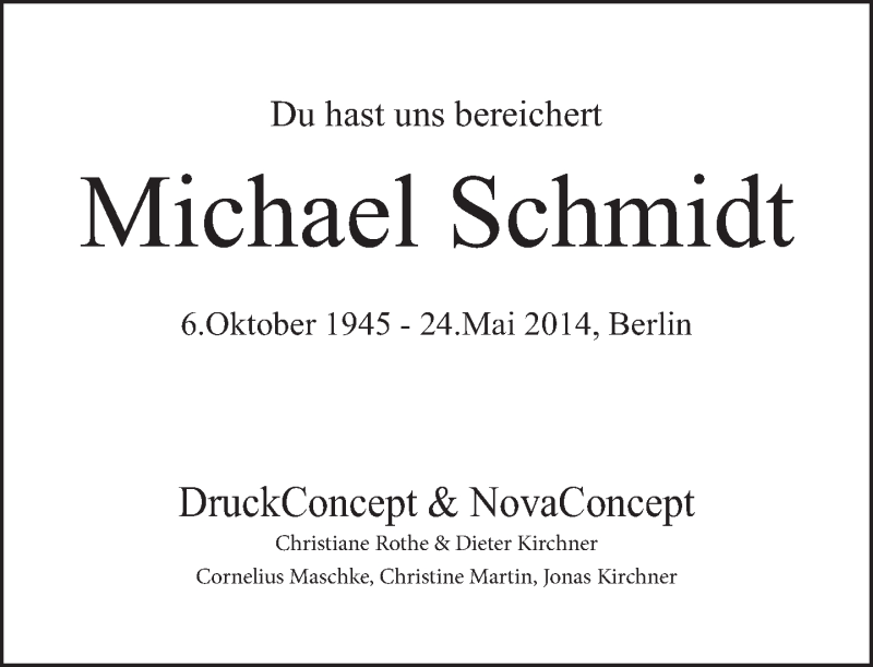  Traueranzeige für Michael Schmidt vom 01.06.2014 aus Tagesspiegel