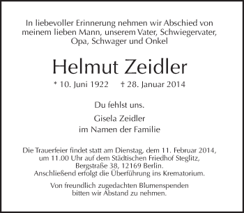 Traueranzeige von Helmut Zeidler von Tagesspiegel