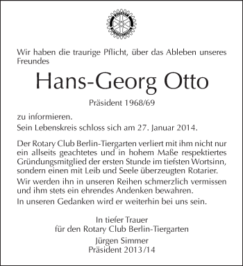 Traueranzeige von Hans-Georg Otto von Tagesspiegel