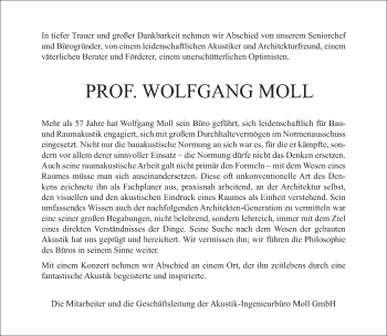 Traueranzeige von Wolfgang Moll von Tagesspiegel