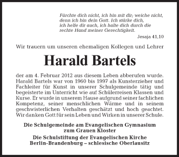 Traueranzeige von Harald Bartels von Tagesspiegel