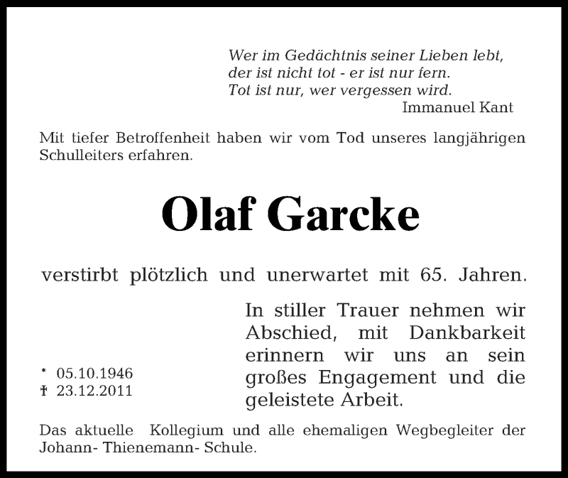  Traueranzeige für Olaf Garcke vom 08.01.2012 aus Tagesspiegel