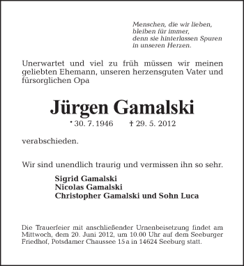 Traueranzeige von Jürgen Gamalski von Tagesspiegel