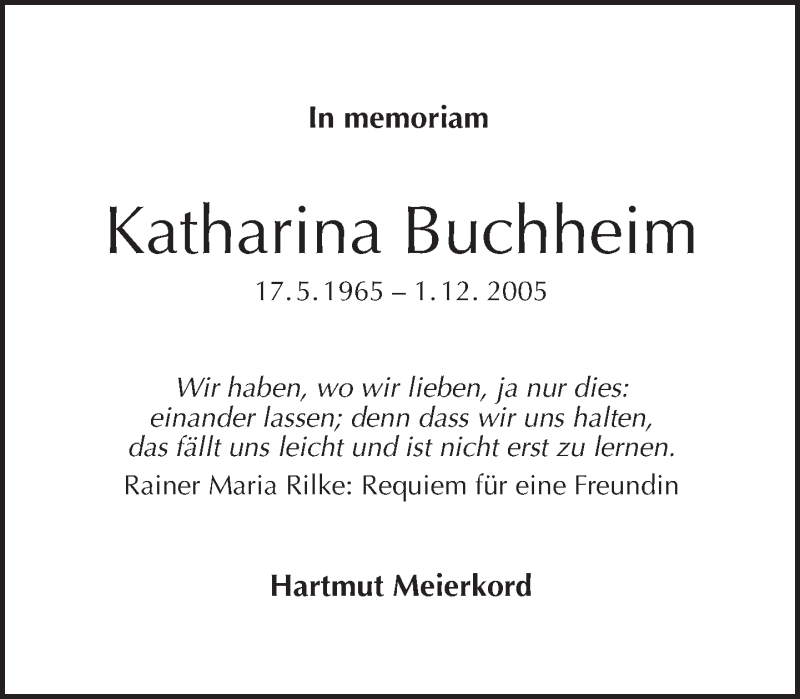  Traueranzeige für Katharina Buchheim vom 01.12.2013 aus Tagesspiegel