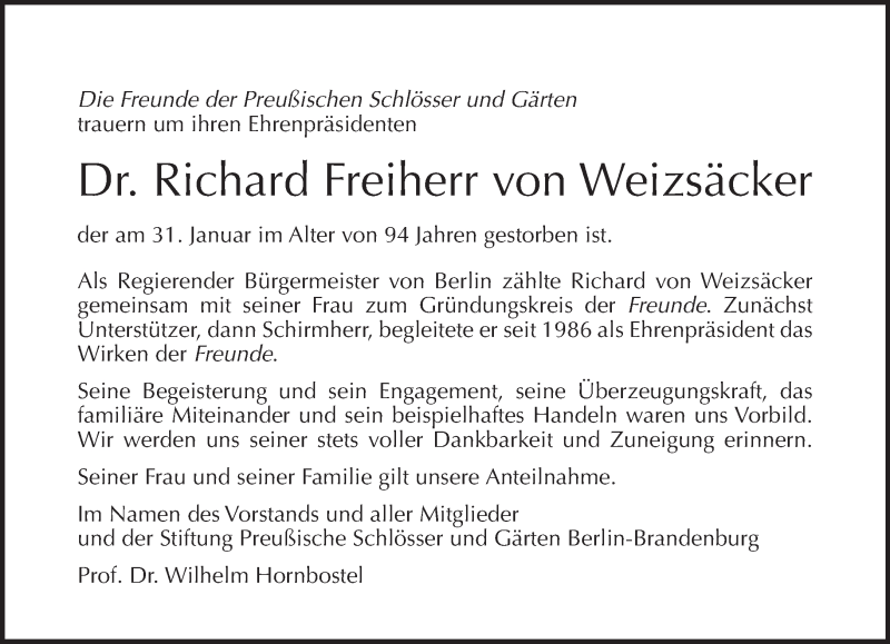  Traueranzeige für Richard Freiherr von Weizsäcker vom 15.02.2015 aus Tagesspiegel