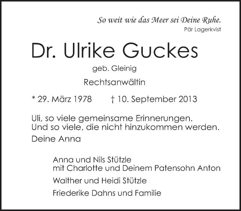 Traueranzeige für Ulrike Guckes vom 15.09.2013 aus Tagesspiegel