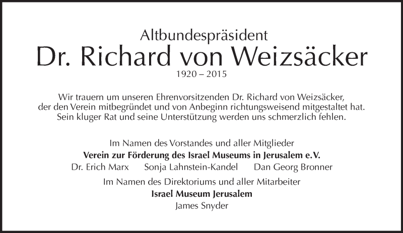  Traueranzeige für Richard von Weizsäcker vom 08.02.2015 aus Tagesspiegel