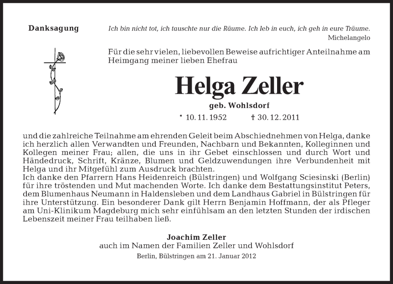  Traueranzeige für Helga Zeller vom 22.01.2012 aus Tagesspiegel