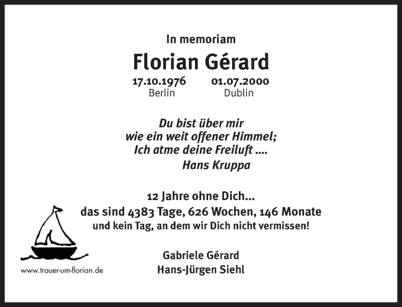  Traueranzeige für Florian Gérard vom 01.07.2012 aus Tagesspiegel