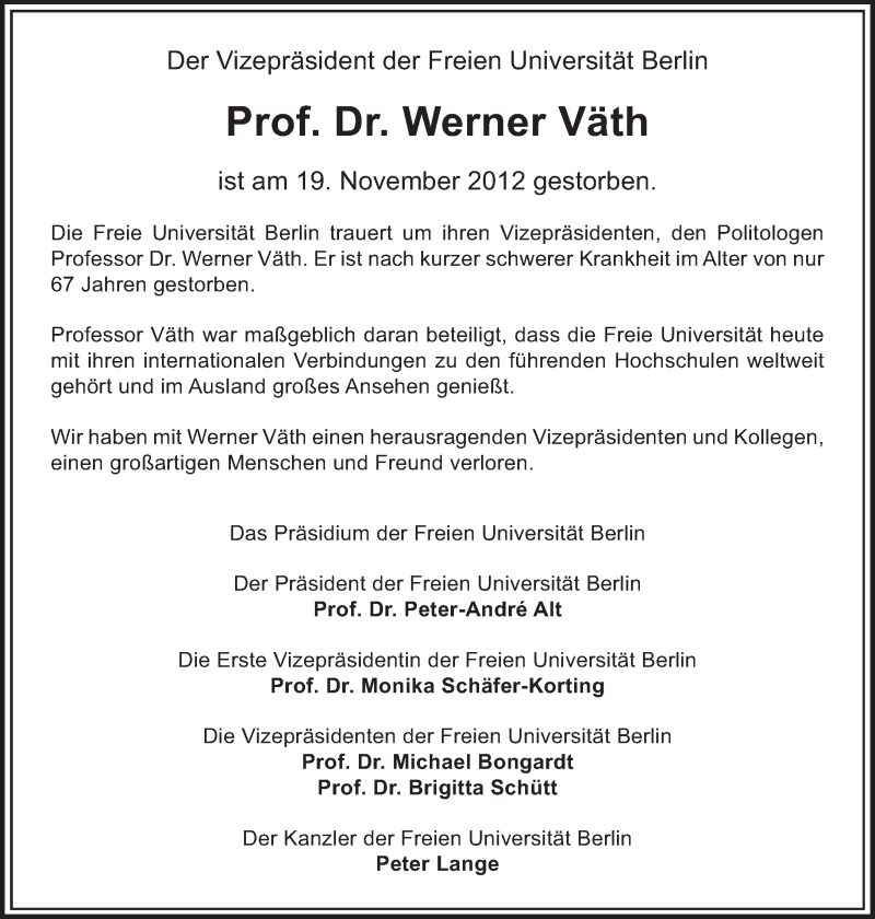  Traueranzeige für Werner Väth vom 25.11.2012 aus Tagesspiegel
