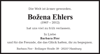 Traueranzeige von Božena Ehlers von Tagesspiegel