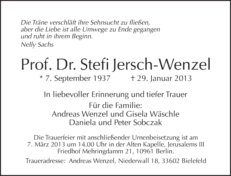  Traueranzeige für Stefi Jersch-Wenzel vom 17.02.2013 aus Tagesspiegel