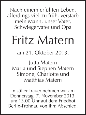 Traueranzeige von Fritz Matern von Tagesspiegel