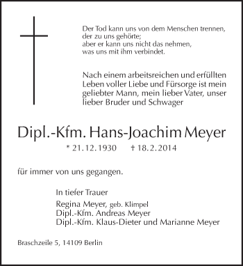 Traueranzeige von Hans-Joachim Meyer von Tagesspiegel