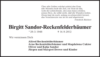 Traueranzeige von Birgitt Sandor-Reckenfelderbäumer von Tagesspiegel