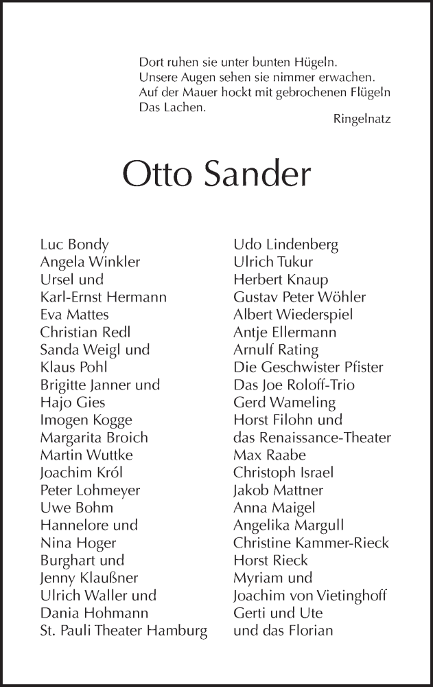  Traueranzeige für Otto Sander vom 22.09.2013 aus Tagesspiegel