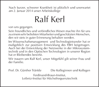 Traueranzeige von Ralf Kerl von Tagesspiegel