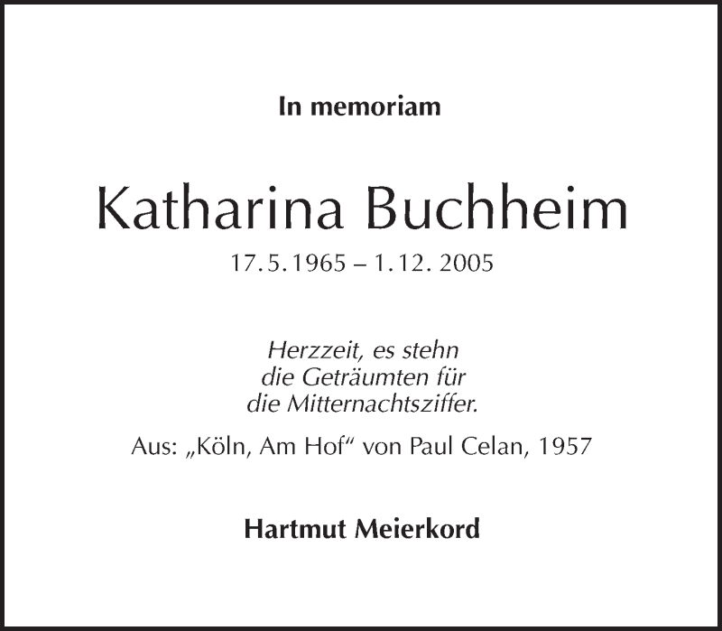  Traueranzeige für Katharina Buchheim vom 07.12.2014 aus Tagesspiegel