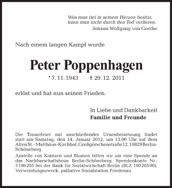 Traueranzeige von Peter Poppenhagen von Tagesspiegel