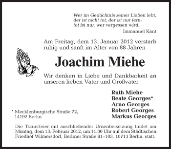 Traueranzeige von Joachim Miehe von Tagesspiegel