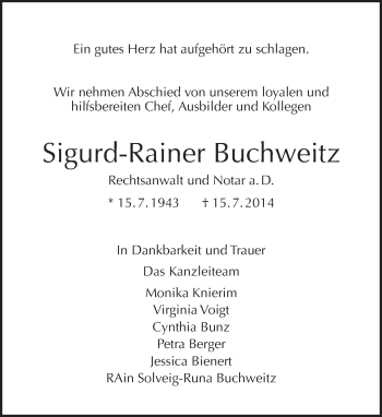 Traueranzeige von Sigurd-Rainer Buchweitz von Tagesspiegel