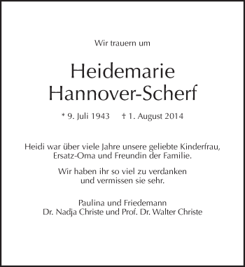 Traueranzeige von Heidemarie Hannover-Scherf von Tagesspiegel