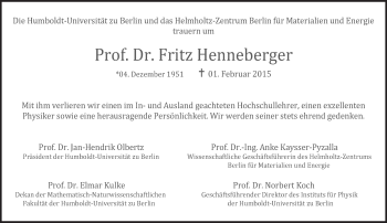 Traueranzeige von Fritz Henneberger von Tagesspiegel