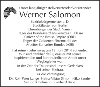 Traueranzeige von Werner Salomon von Tagesspiegel