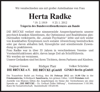 Traueranzeige von Herta Radke von Tagesspiegel