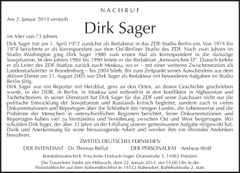 Traueranzeige von Dirk Sager von Tagesspiegel