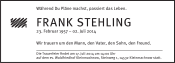 Traueranzeige von Frank Stehling von Tagesspiegel