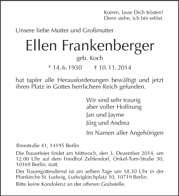 Traueranzeige von Ellen Frankenberger von Tagesspiegel