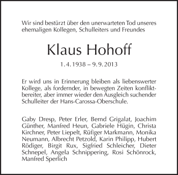 Traueranzeige von Klaus Hohoff von Tagesspiegel