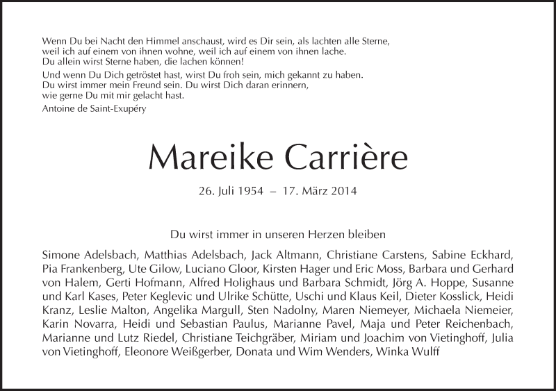  Traueranzeige für Mareike Carrière vom 23.03.2014 aus Tagesspiegel