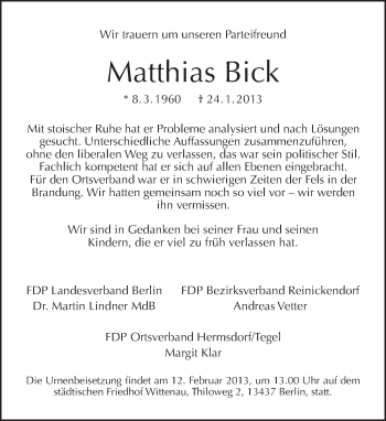 Traueranzeige von Matthias Bick von Tagesspiegel