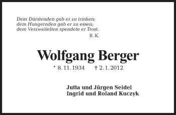 Traueranzeige von Wolfgang Berger von Tagesspiegel