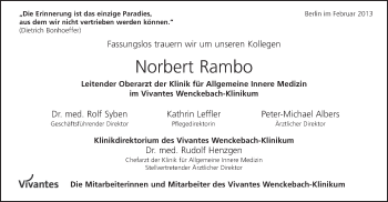 Traueranzeige von Norbert Rambo von Tagesspiegel