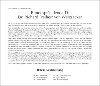 Traueranzeige von Richard Freiherr von Weizsäcker von Tagesspiegel