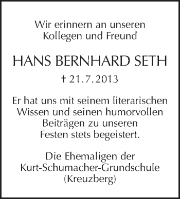 Traueranzeige von Hans Bernhard Seth von Tagesspiegel