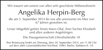 Traueranzeige von Angelika Herpin-Berg von Tagesspiegel