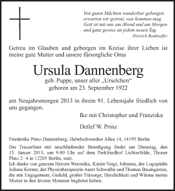 Traueranzeige von Ursula Dannenberg von Tagesspiegel