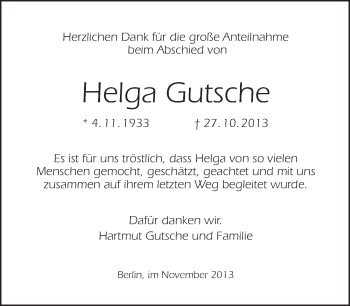 Traueranzeige von Helga Gutsche von Tagesspiegel