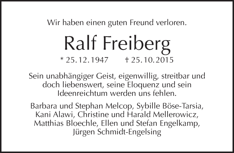  Traueranzeige für Ralf Freiberg vom 01.11.2015 aus Tagesspiegel