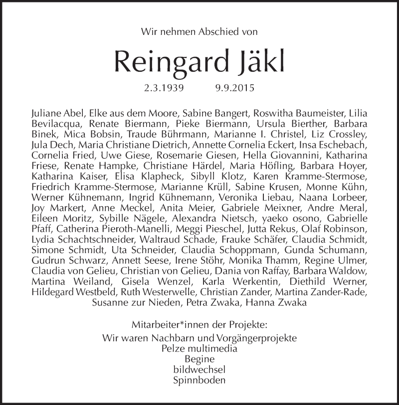  Traueranzeige für Reingard Jäkl vom 11.10.2015 aus Tagesspiegel