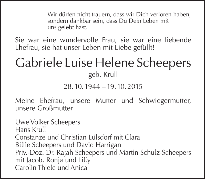  Traueranzeige für Gabriele Luise Helene  Scheepers vom 25.10.2015 aus Tagesspiegel